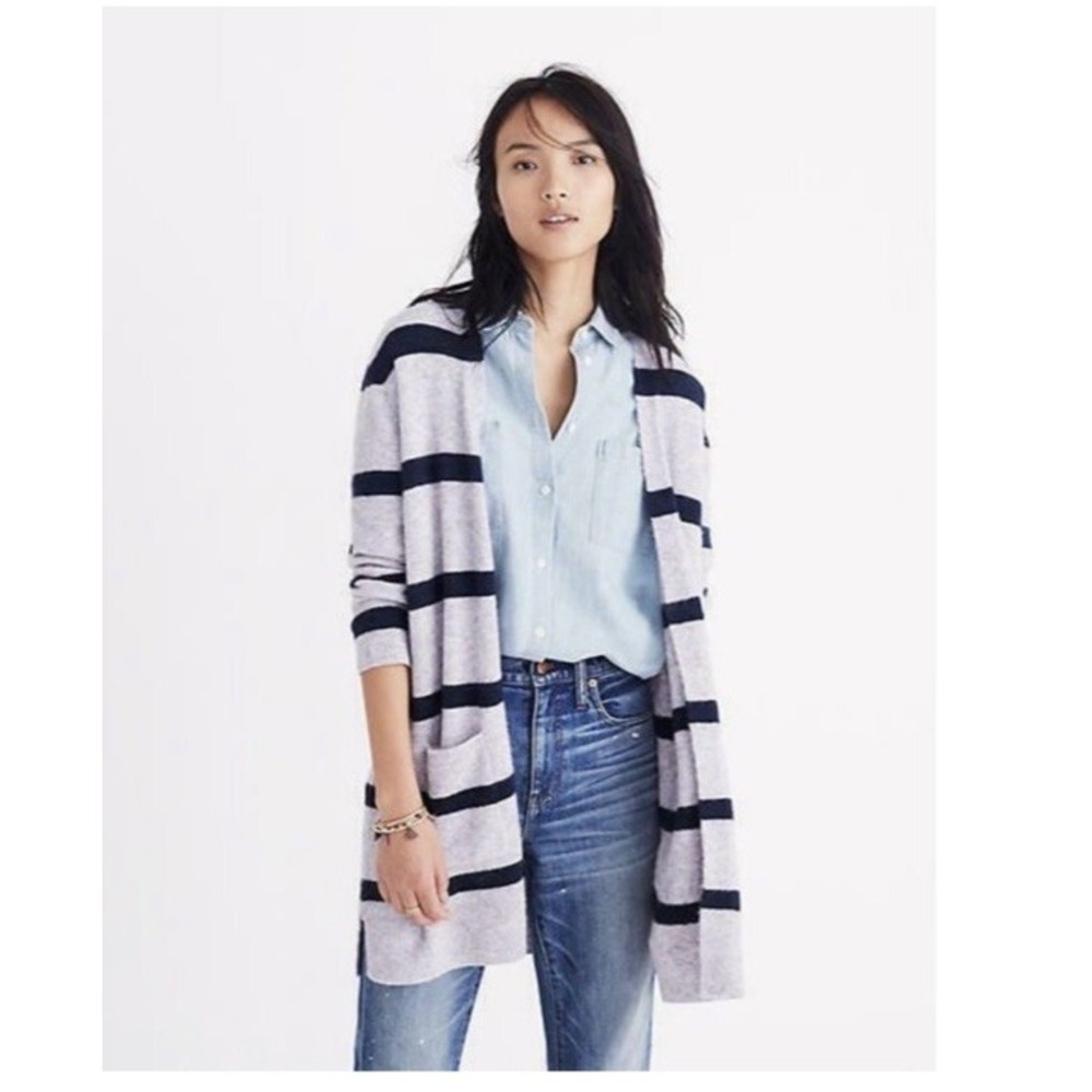 Madewell SMALL S Striped Kent Cardigan Merino Wool Stripe Sweater Gray‎ Blue